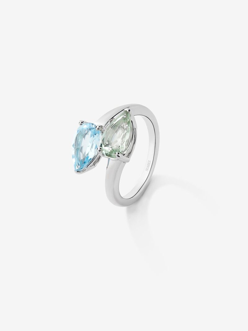 You and Me ring made of 925 silver with green amethyst and topaz. image number 0