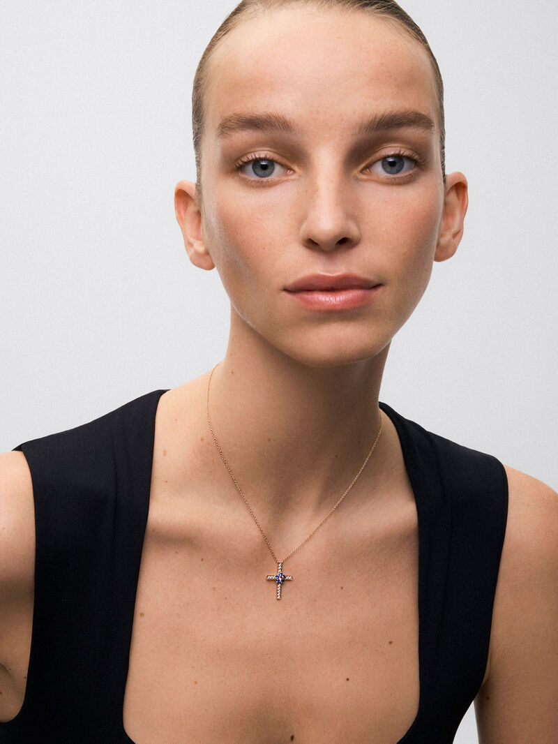 18kt Rose Gold Cross Pendant with Diamonds and Sapphire Flower image number 0