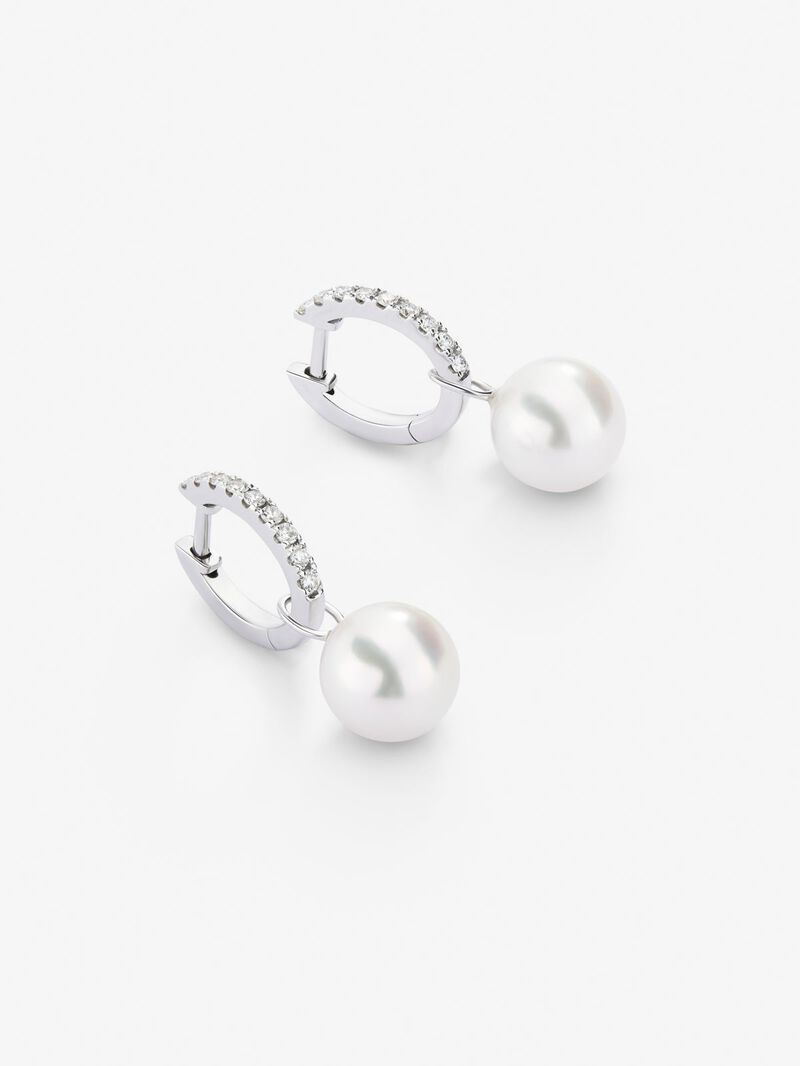 18k white gold hoop earring with 8.5mm Akoya pearl pendant and diamond. image number 2