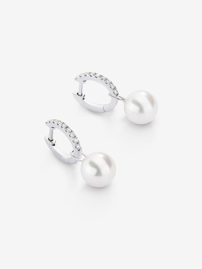 18k white gold hoop earring with 8.5mm Akoya pearl pendant and diamond. image number 2