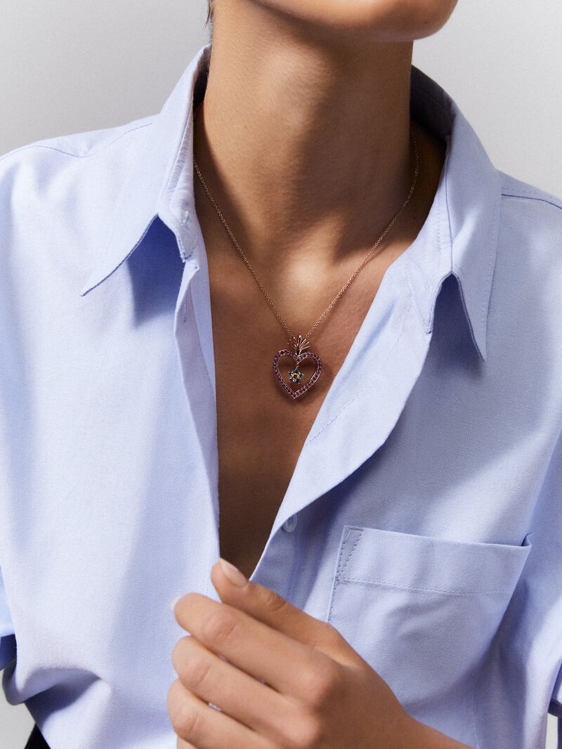 18kt Rose Gold Heart Pendant with Hanging Flower and Multicolor Sapphires. image number 1