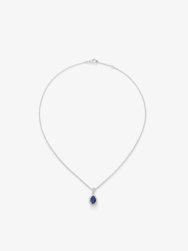 18K white gold pendant with pear-cut blue sapphire of 1.17 cts and 18 brilliant-cut diamonds with a total of 0.19 cts image number 0