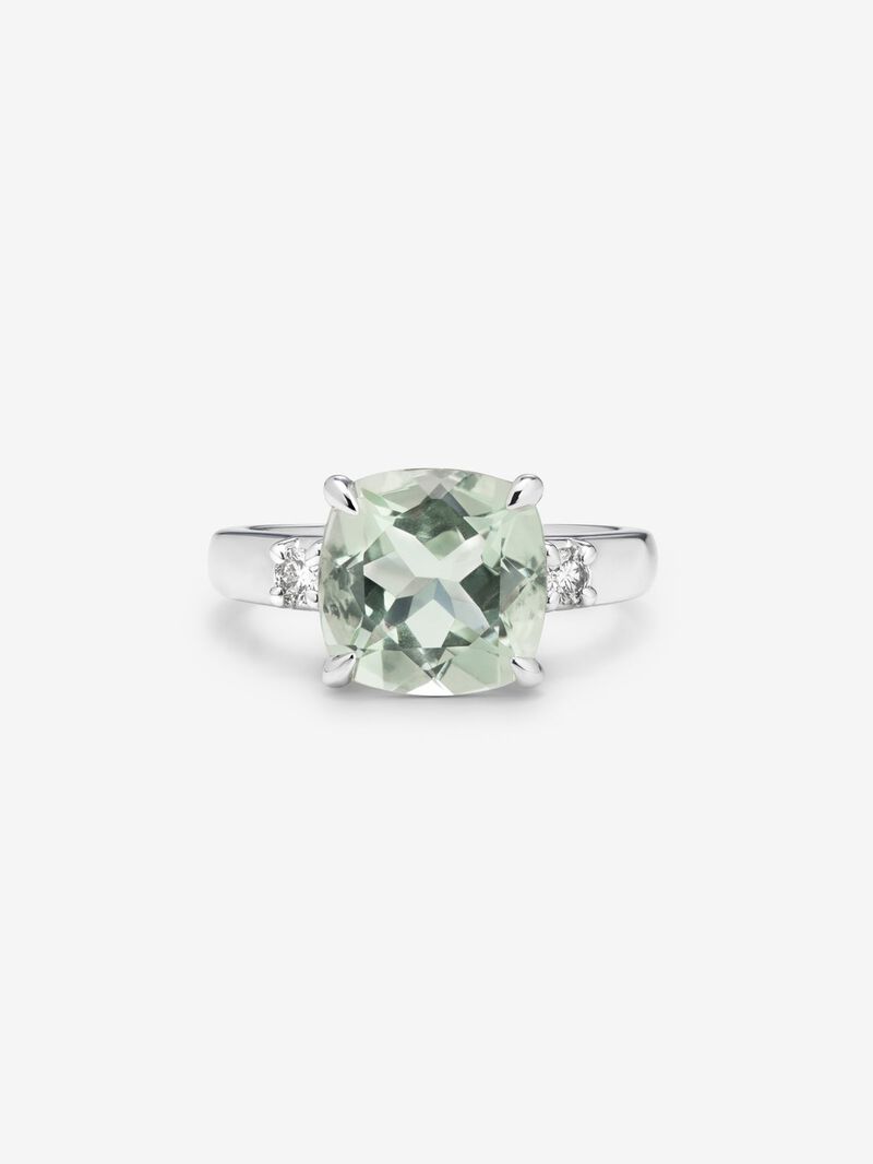 925 silver triple ring with cushion-cut green amethyst of 3.95 cts and 2 brilliant-cut diamonds with a total of 0.12 cts image number 2