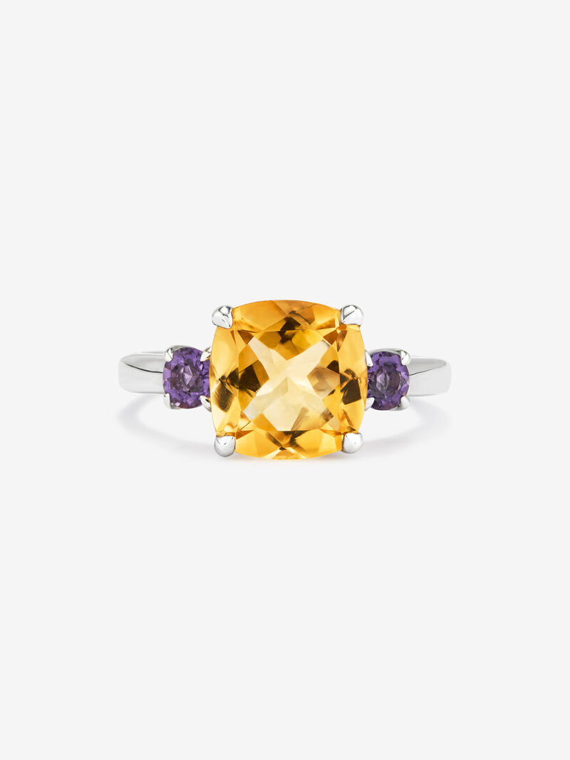 Silver ring with central citrine and purple ameterists image number 2