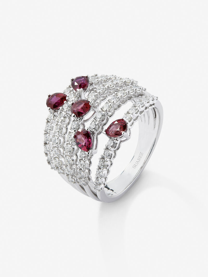 18K white gold ring with 60 brilliant-cut diamonds with a total of 1 cts and 5 pear-cut red rubies with a total of 1.14 cts image number 1