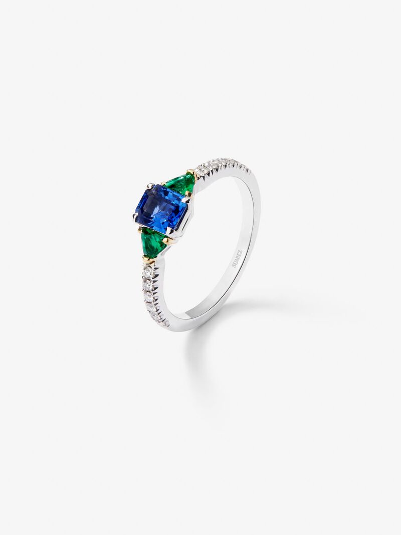 18K white gold ring with blue sapphire in octagonal size of 0.94 cts, green emeralds in 0.22 cts and white diamonds in a bright size of 0.028 cts image number 0