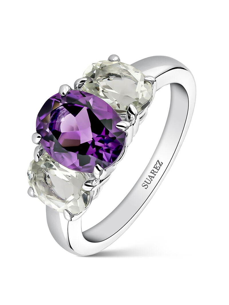 Anillo tresillo de plata 925 con amatista morada y topacio azul swiss image number 1