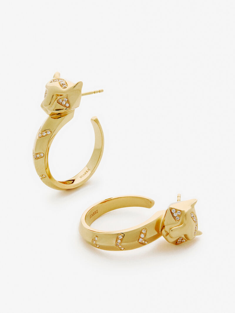 18K yellow gold hoop earrings with 52 brilliant-cut diamonds with a total of 0.16 cts and a tiger shape image number 2