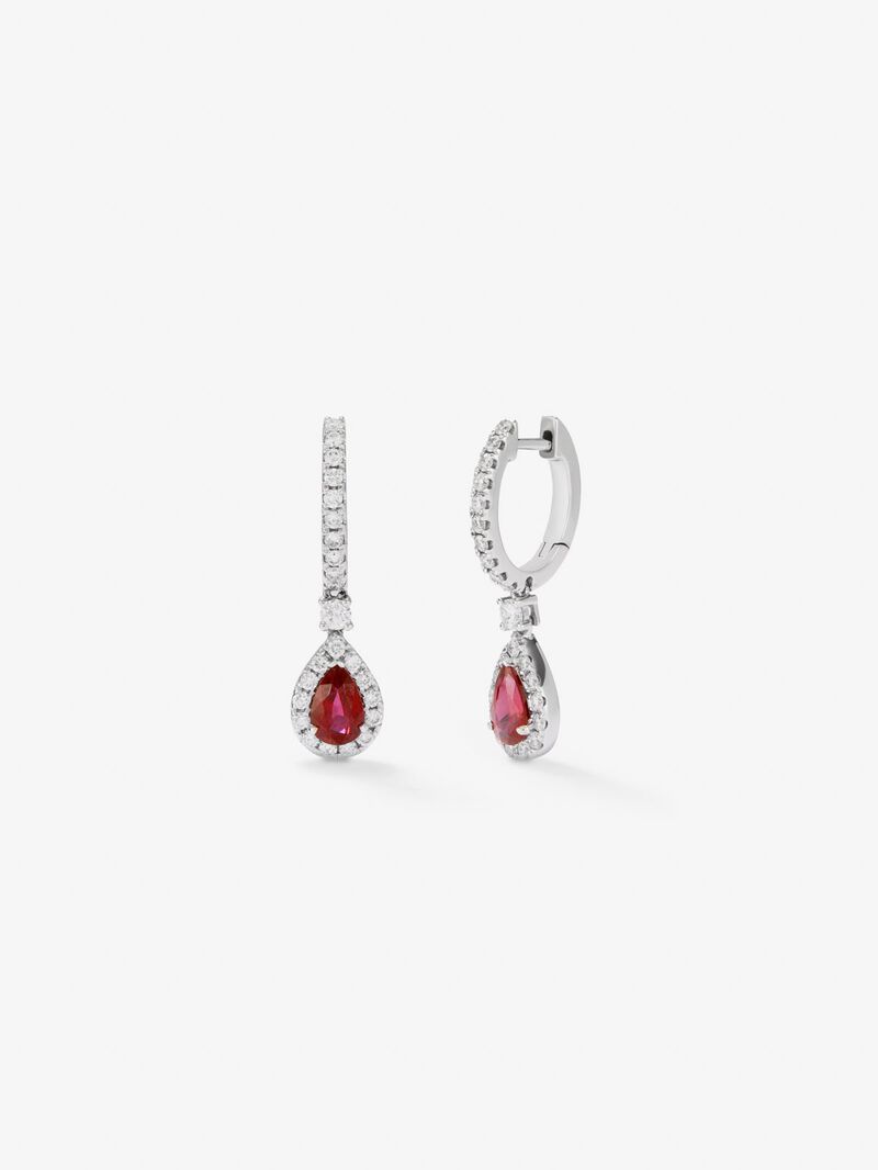18K White Gold Earrings with intense red rubies in 0.88 cts and white diamonds in bright 0.48 cts image number 1