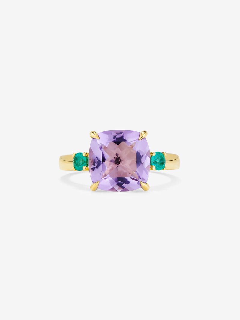 18K yellow gold triple ring with cushion-cut purple amethyst of 3.53 cts and 2 brilliant-cut green emeralds with a total of 0.19 cts image number 2