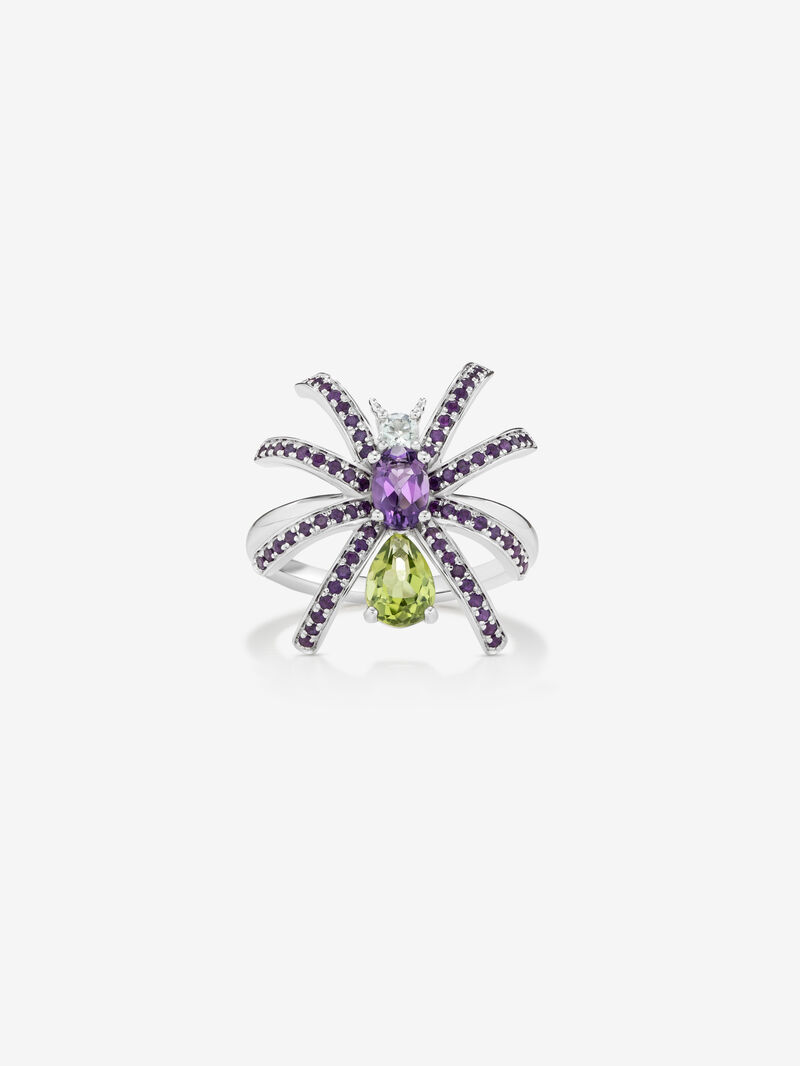 Silver spider ring with peridotos and amethyst image number 0