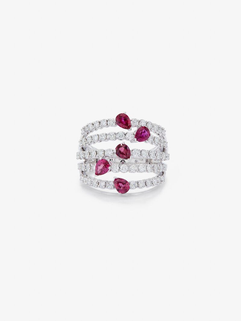 18K white gold ring with 60 brilliant-cut diamonds with a total of 1 cts and 5 pear-cut red rubies with a total of 1.14 cts image number 2