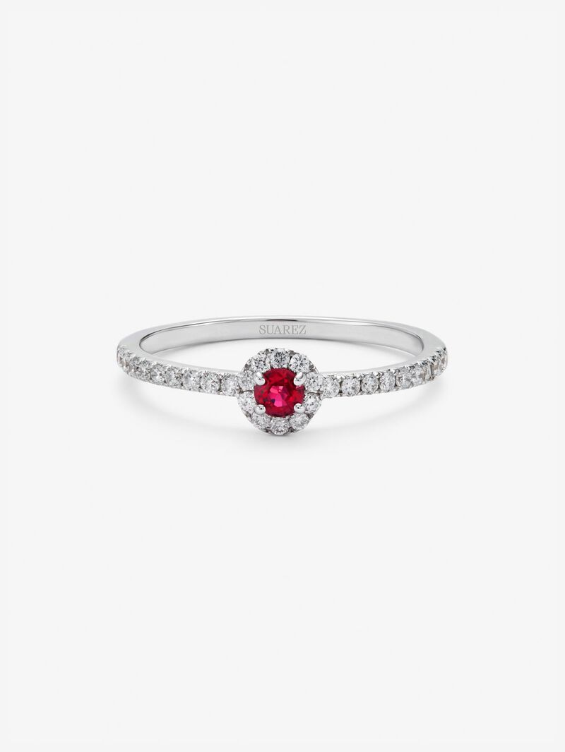 18K white gold ring with brilliant-cut red ruby ​​of 0.1 cts and border and arm of 28 brilliant-cut diamonds with a total of 0.2 cts image number 1