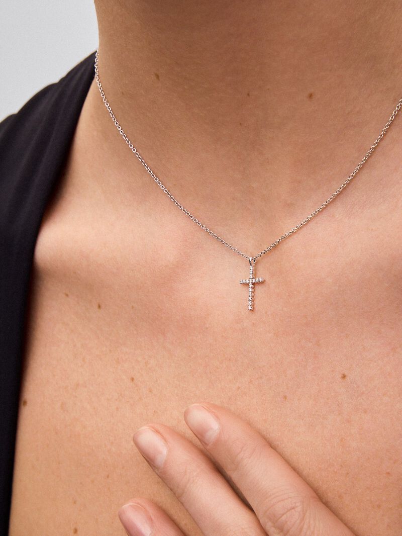 18K white gold cross pendant chain with diamonds image number 1