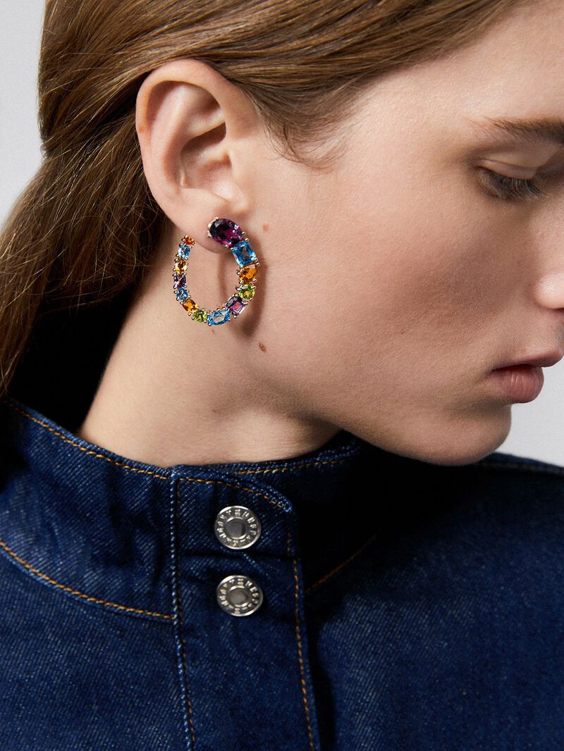 Large open hoop earrings 925 silver with multicolor gems image number 3