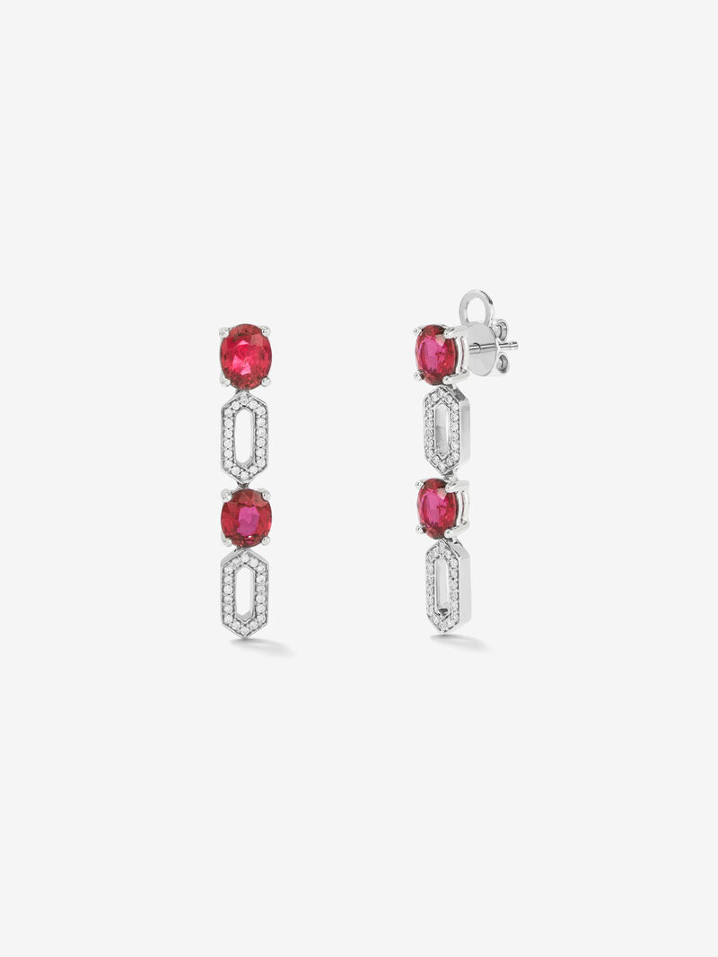 Long 18kt white gold earrings with diamonds and oval rubies. image number 0