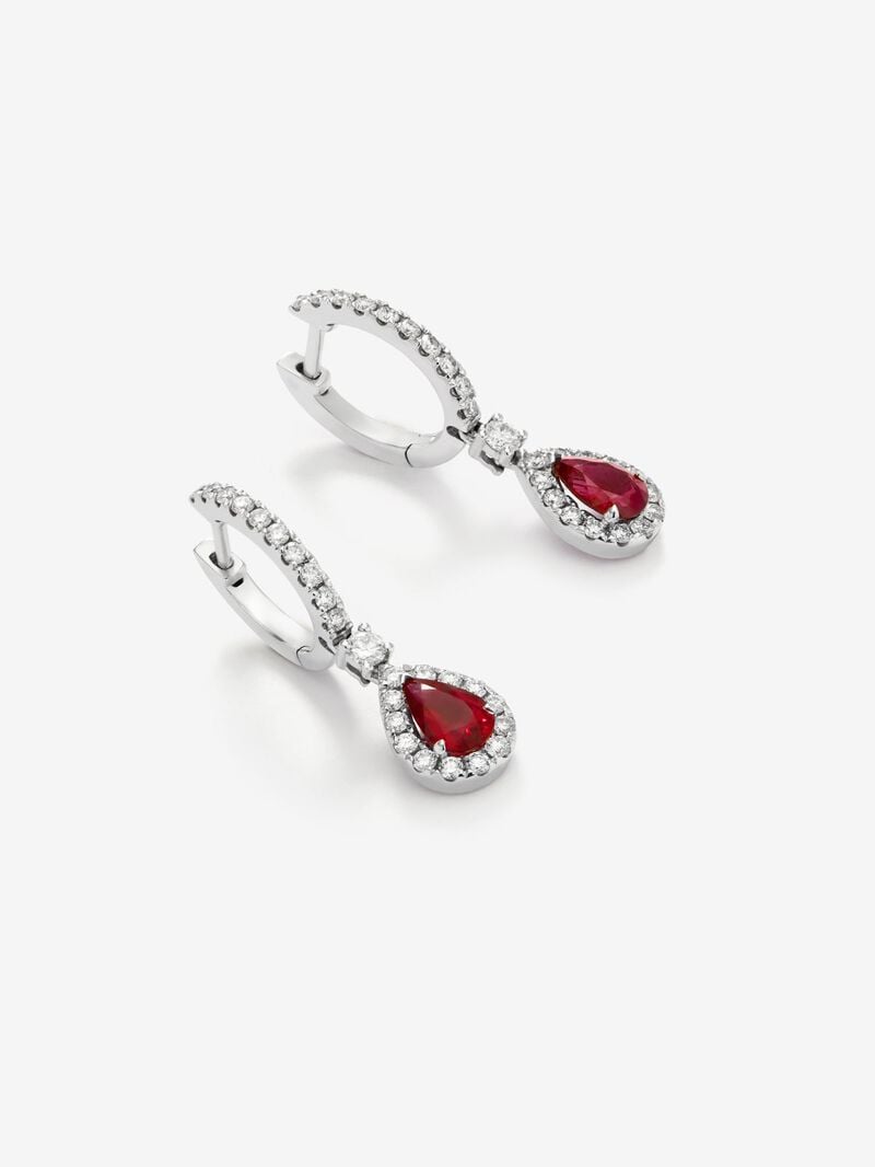 18K White Gold Earrings with intense red rubies in 0.88 cts and white diamonds in bright 0.48 cts image number 0