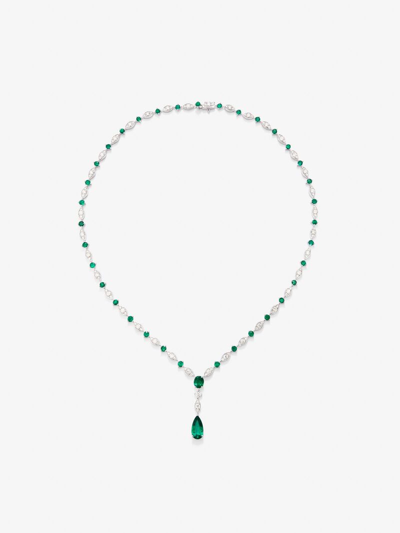 18K white gold necklace with green emerald in 1.68 cts pear size, green and oval emeralds of 3.7 cts and white diamonds in bright size of 3.1 cts image number 0