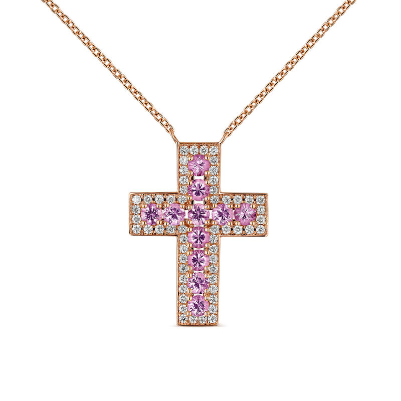 Colgante cruz de oro rosa de 18kt con diamantes y zafiros rosas, PT22039-ORDZR_V