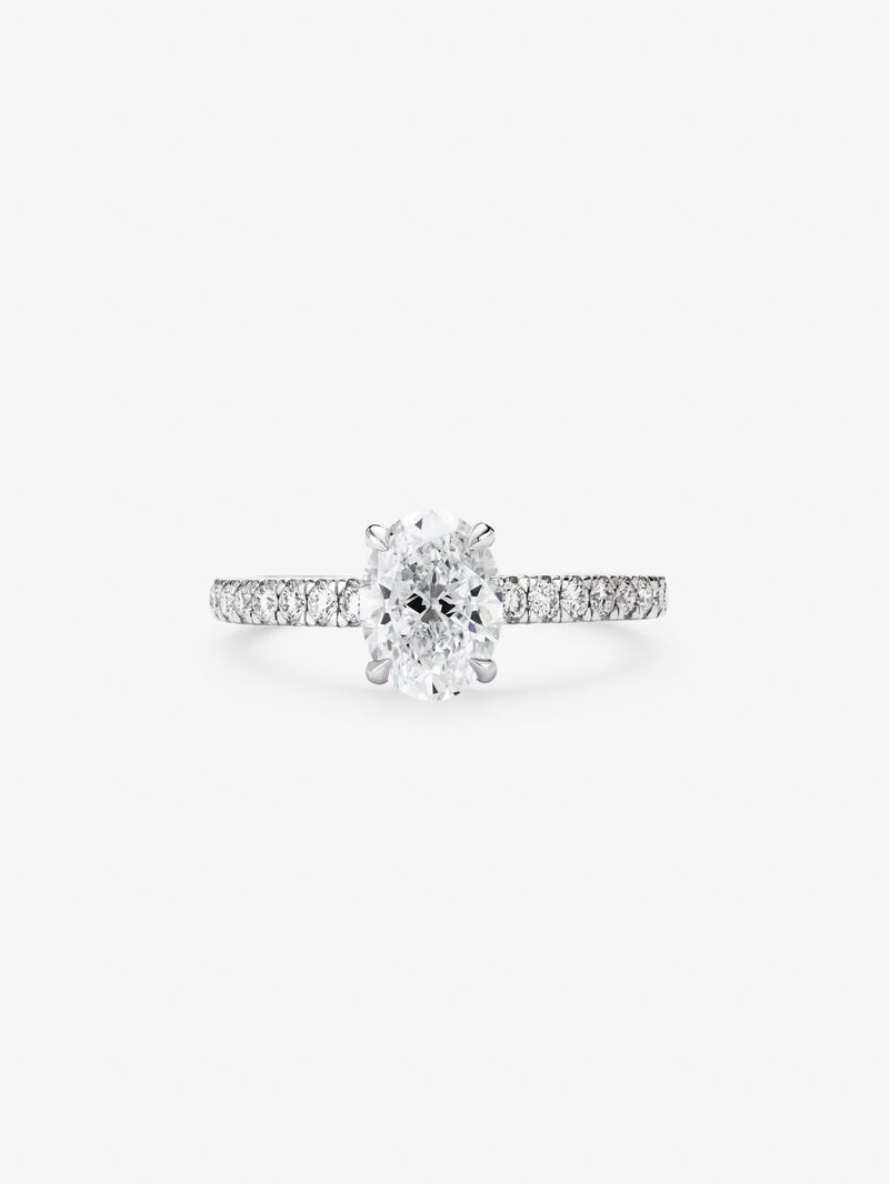18K White Gold Solitary Ring with Oval White Diamonds of 1.5 CTS and Bright 0.25 CTS image number 2