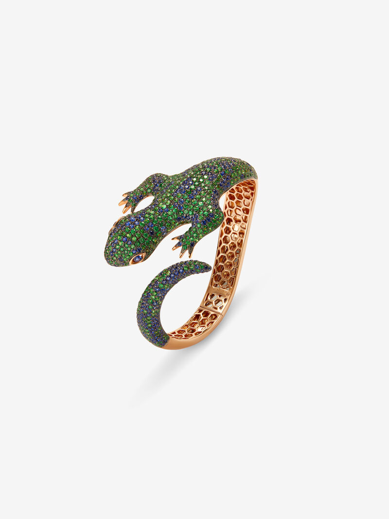 18K rose gold bracelet shaped by salamandra, with green tsavors 7.69 cts and blue sapphires 5.88 cts image number 2