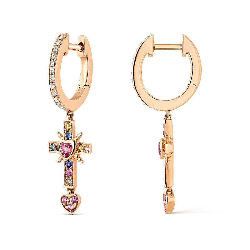 Pendientes criolla de oro rosa de 18kt con diamantes marrones y cruz de zafiros multicolor, PE17014-ORZMULTDM_V