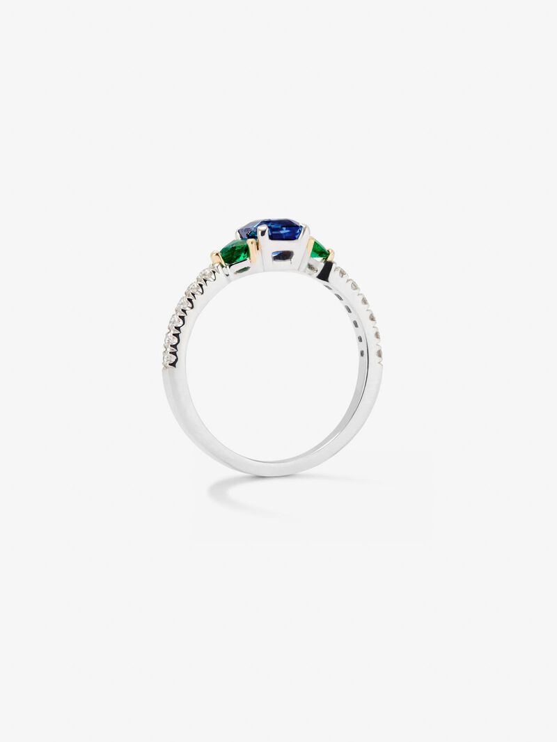 18K white gold ring with blue sapphire in octagonal size of 0.94 cts, green emeralds in 0.22 cts and white diamonds in a bright size of 0.028 cts image number 4