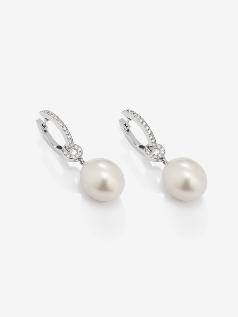 18k white gold hoop earring with 9mm Australian pearl pendant and diamond. image number 3
