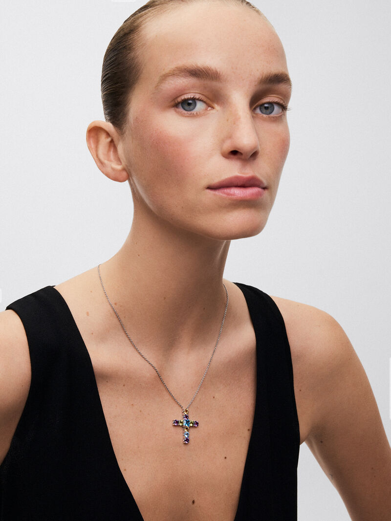 925 silver cross pendant with multicolored gems image number 1