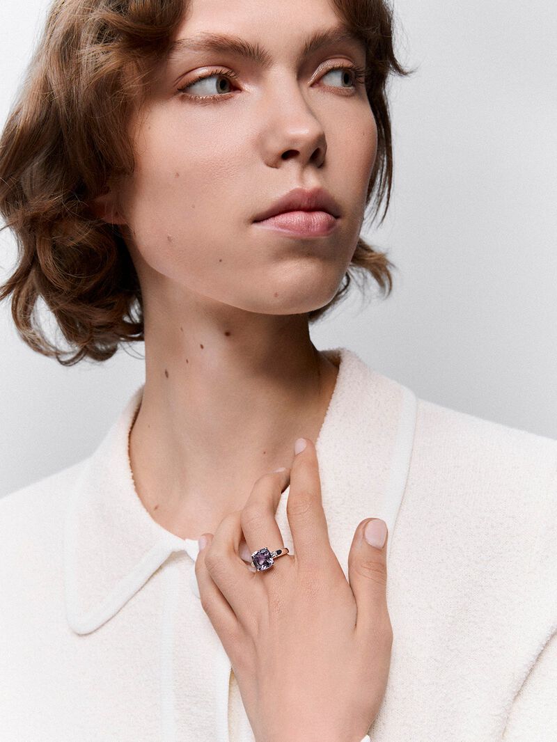 925 Silver Trilogy Ring with Amethyst and Diamonds image number 1