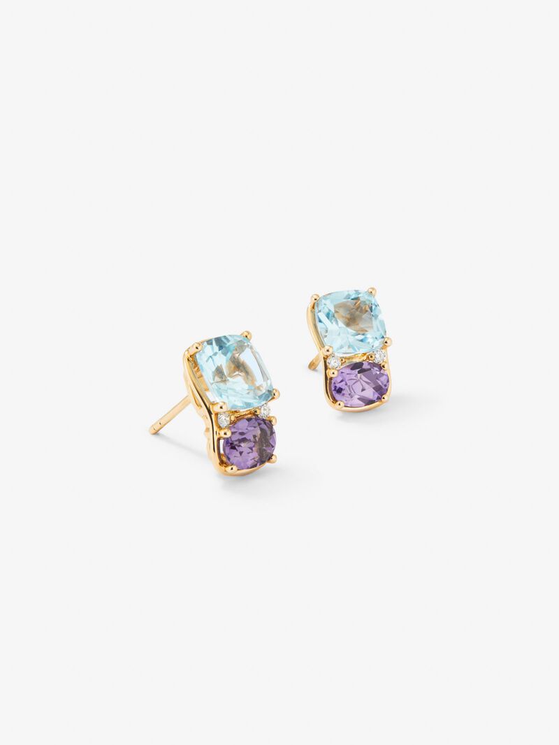 18K yellow gold earrings with 2 cushion-cut sky blue topazes, 2 oval-cut green amethysts and 4 brilliant-cut diamonds with a total of 0.11 cts image number 2