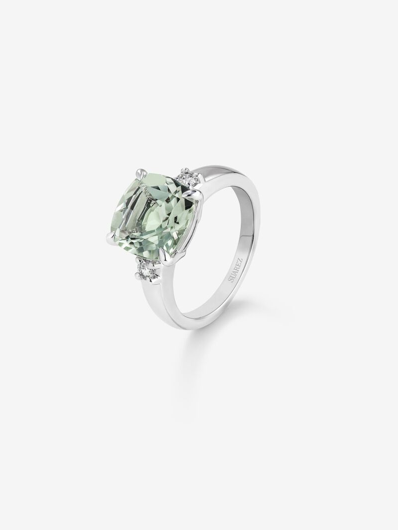 925 silver triple ring with cushion-cut green amethyst of 3.95 cts and 2 brilliant-cut diamonds with a total of 0.12 cts image number 0
