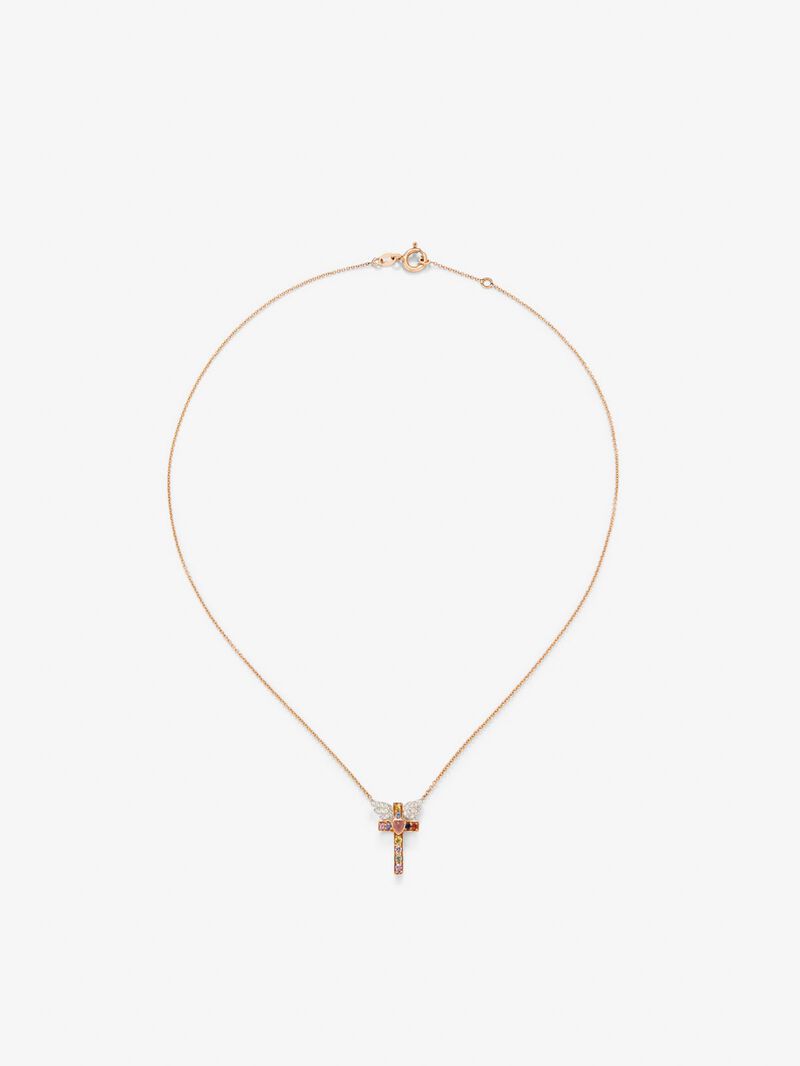 18K Rose Gold Cross Pendant Chain with Sapphire and Diamond. image number 0