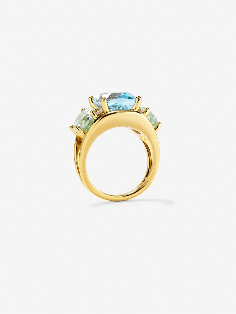 18kt yellow gold ring with diamonds, Sky Topacios and Green Ameatists image number 4