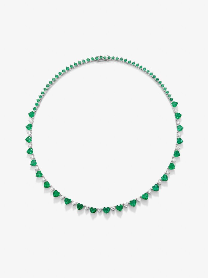 18K white gold necklace with green and bright emeralds of 19.54 cts and white diamonds in 2.76 cts bright size image number 0