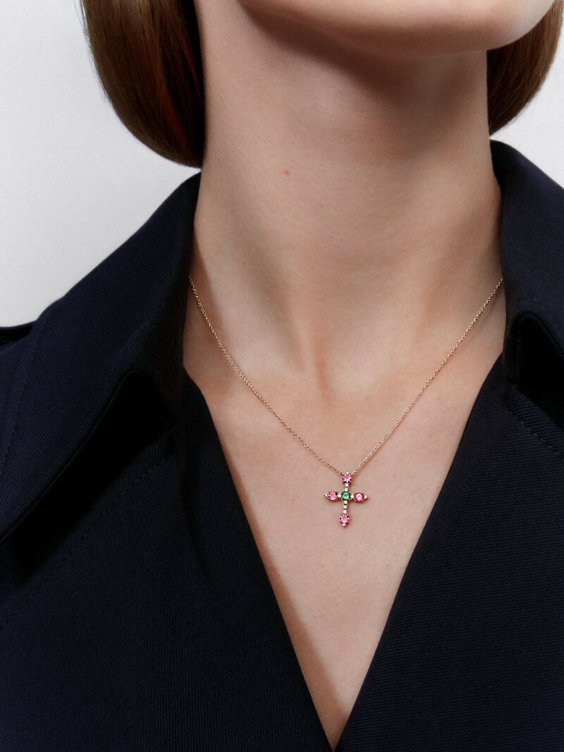18K Rose Gold Cross Pendant Chain with Tourmaline and Diamond image number 3