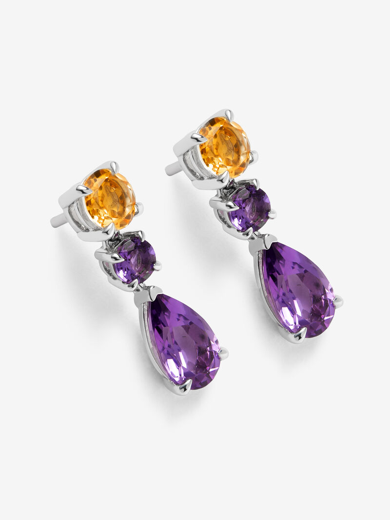 925 silver earrings with pear-cut purple amethysts of 2.56 cts and brilliant cut of 0.42 cts, and brilliant-cut citrine quartz of 1.18 cts image number 2