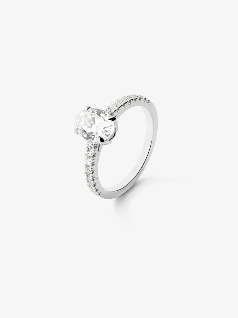 18K White Gold Solitary Ring with Oval White Diamonds of 1.5 CTS and Bright 0.25 CTS image number 0