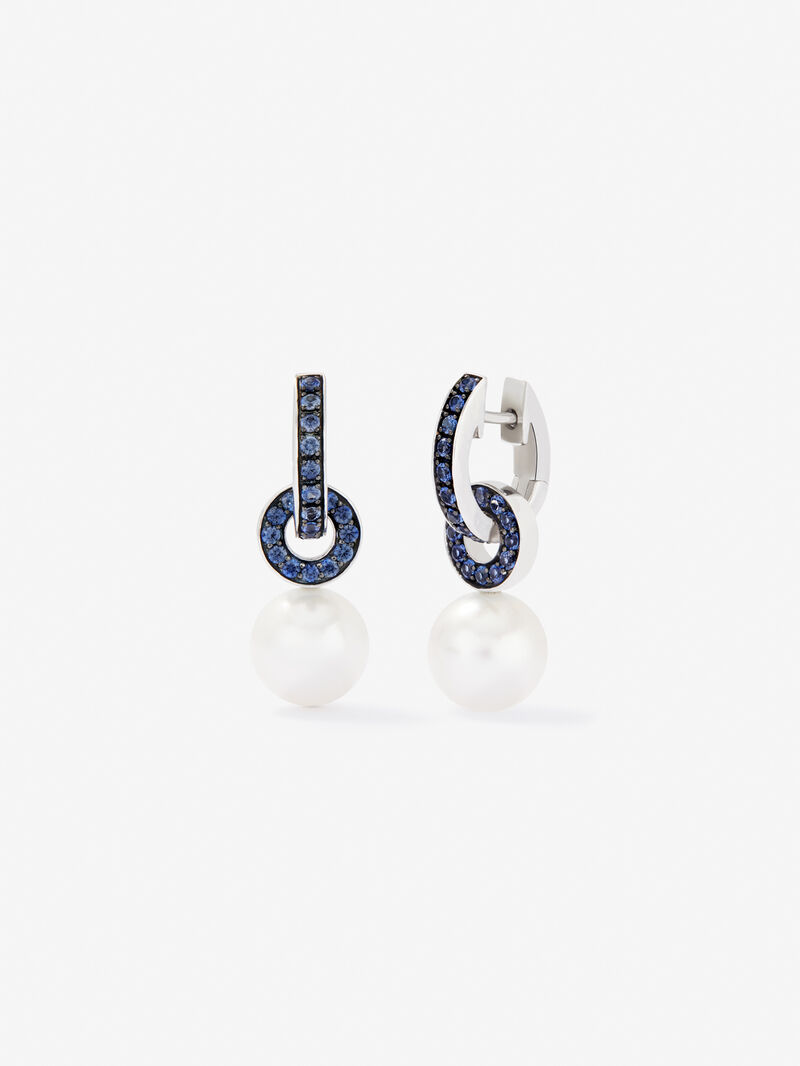 925 Silver double hoop earring combined with a 9mm Akoya pearl and sapphire. image number 0