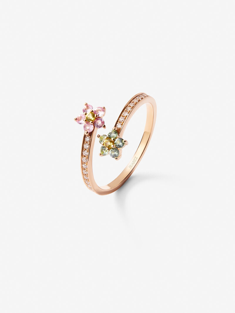 18K rose gold ring with pink and green sapphires in bright size of 0.26 cts and white diamonds in bright 0.1 cts image number 0
