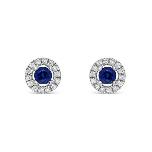 Pendientes de botón de oro blanco de 18kt con zafiro azul y orla de diamantes, PE7031-00Z3,5MM_V