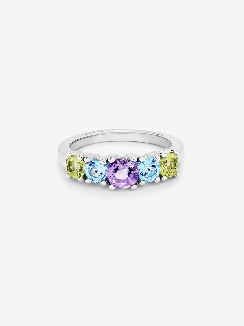 925 silver cinquillo ring with 2 peridots, a purple amethyst, and brilliant-cut Swiss blue topazes image number 2