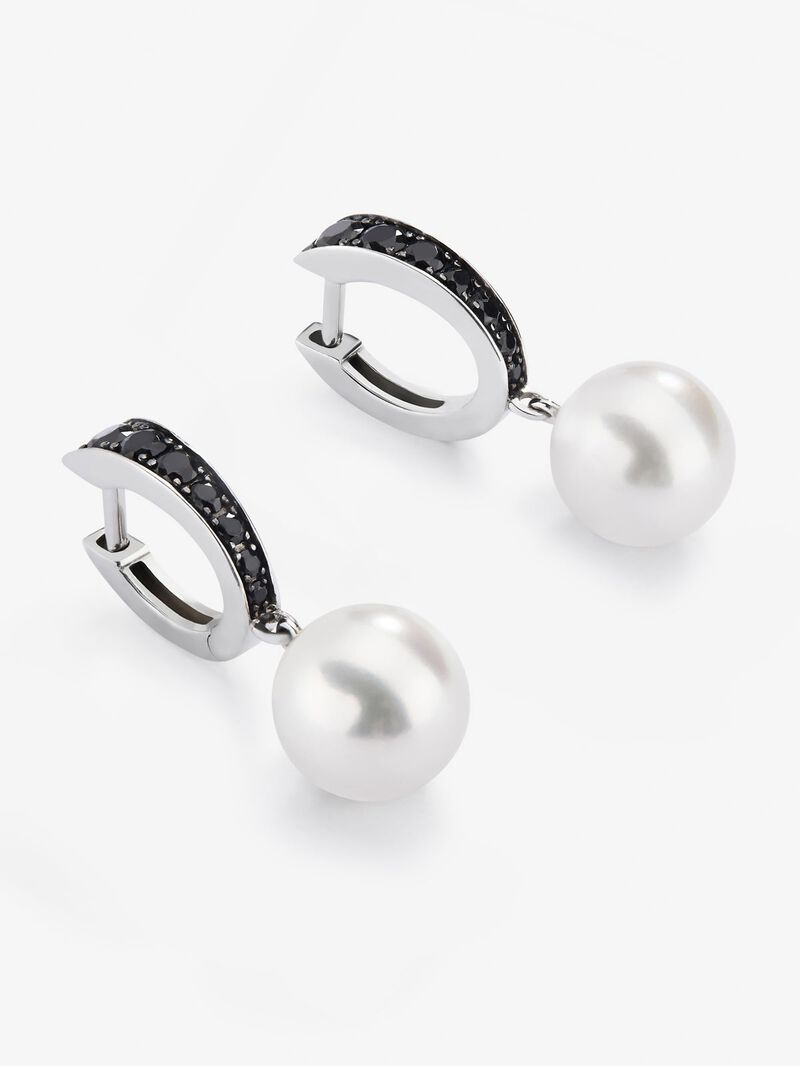 925 silver hoop earrings with black spinels and 8.5mm akoya pearls image number 2