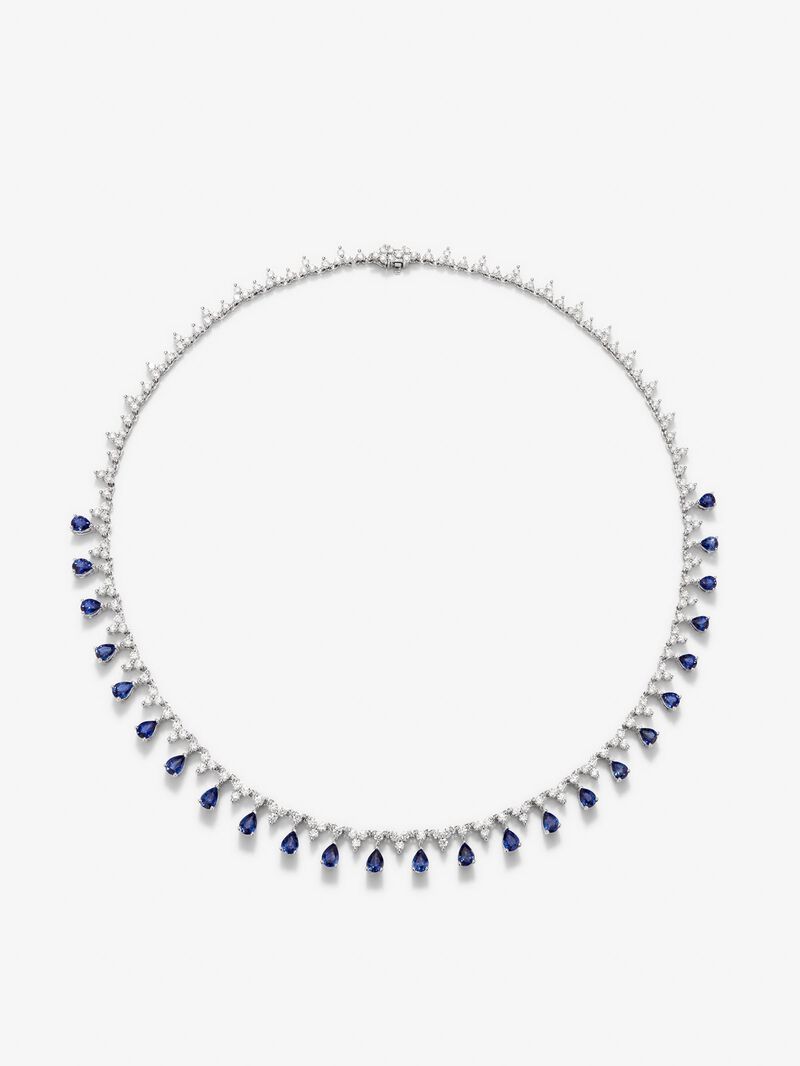18K white gold rivière necklace with 25 pear-cut blue sapphires with a total of 7.12 cts and 210 brilliant-cut diamonds with a total of 6.13 cts image number 0