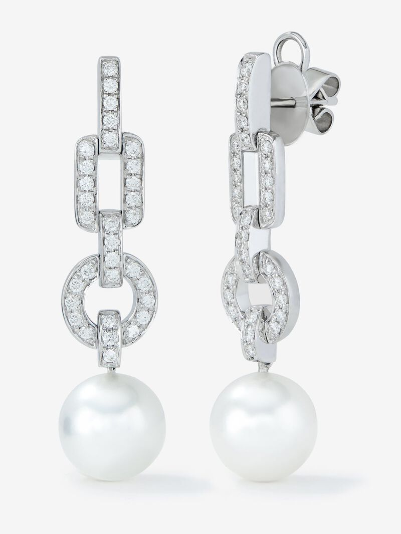 18K white gold earrings with 2 10mm pearls and 64 brilliant-cut diamonds with a total of 0.61 cts image number 0