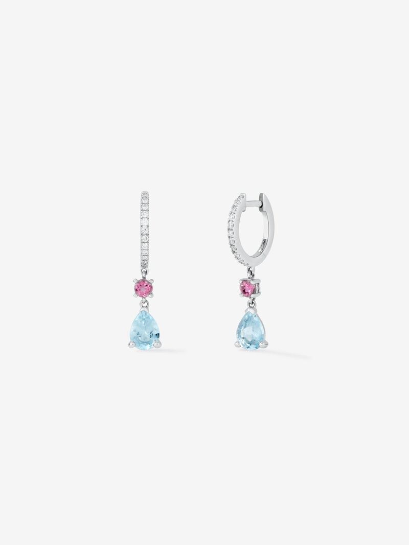 Hoop earrings with 18K white gold pendant featuring aquamarine and tourmaline. image number 0