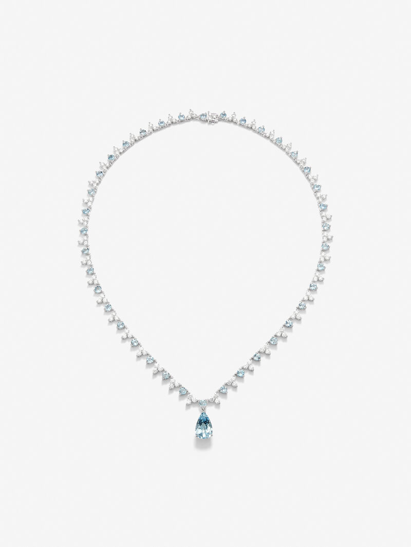 18K White Gold Rivière Collar with Aguamarina Azul in 3 cts pear size, blue aquamarines in bright size 5.7 cts and white diamonds in bright size 6.25 cts image number 0