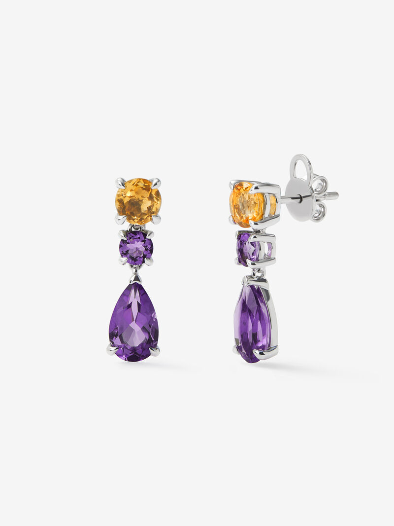 925 silver earrings with pear-cut purple amethysts of 2.56 cts and brilliant cut of 0.42 cts, and brilliant-cut citrine quartz of 1.18 cts image number 0