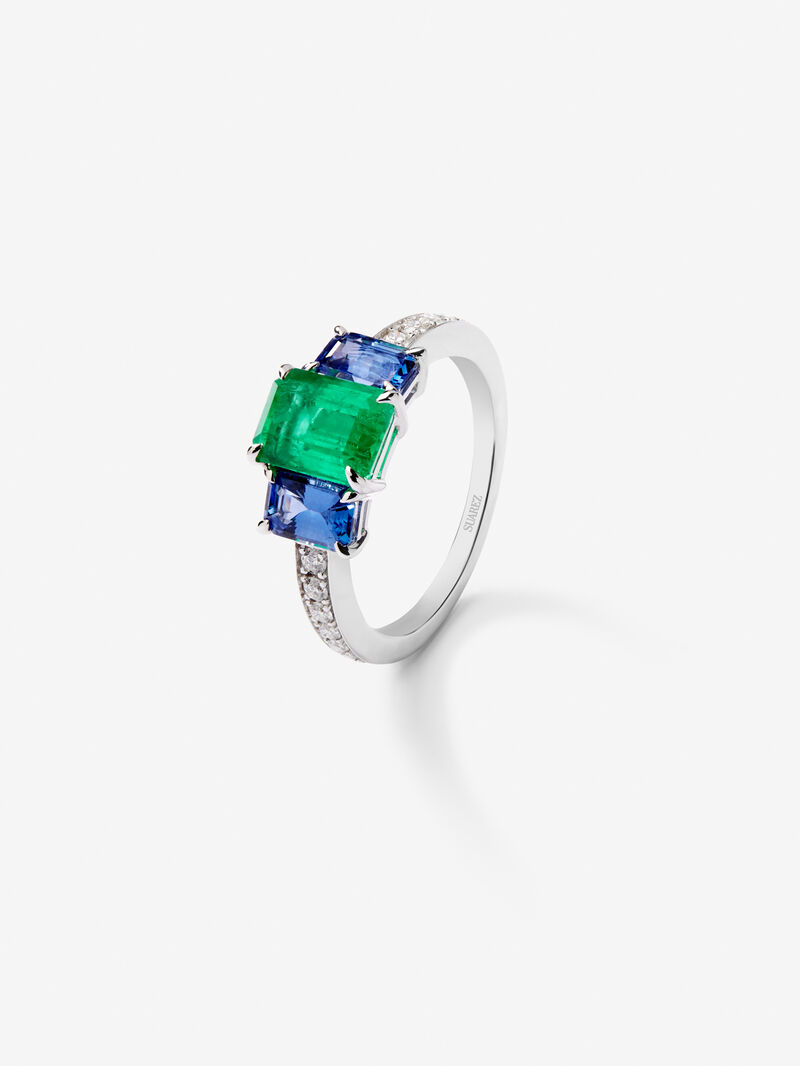18K White Gold Doing Ring with Green Esmerald in Octagonal Size 1.88 cts, Blue Sapphires in Octagonal Size 1.14 cts and white diamonds in bright size image number 0