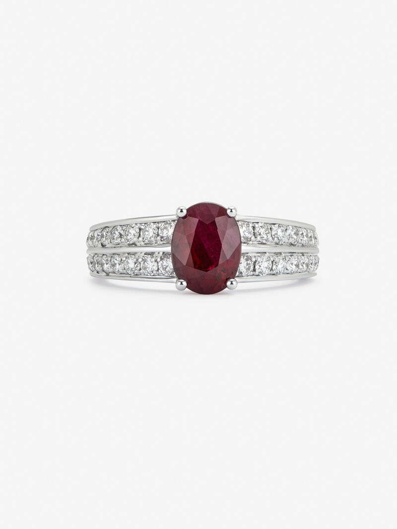 18K white gold ring with oval-cut pigeon blood ruby ​​of 1.489 cts and 32 brilliant-cut diamonds with a total of 0.57 cts image number 2